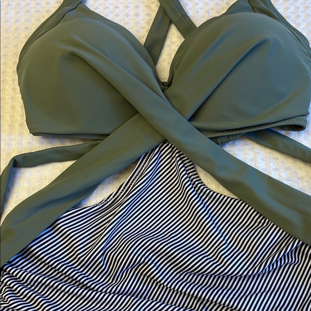 Medium Olive Sage Green Black White Striped Monokini One Piece Swimsuit - Picture 5 of 16